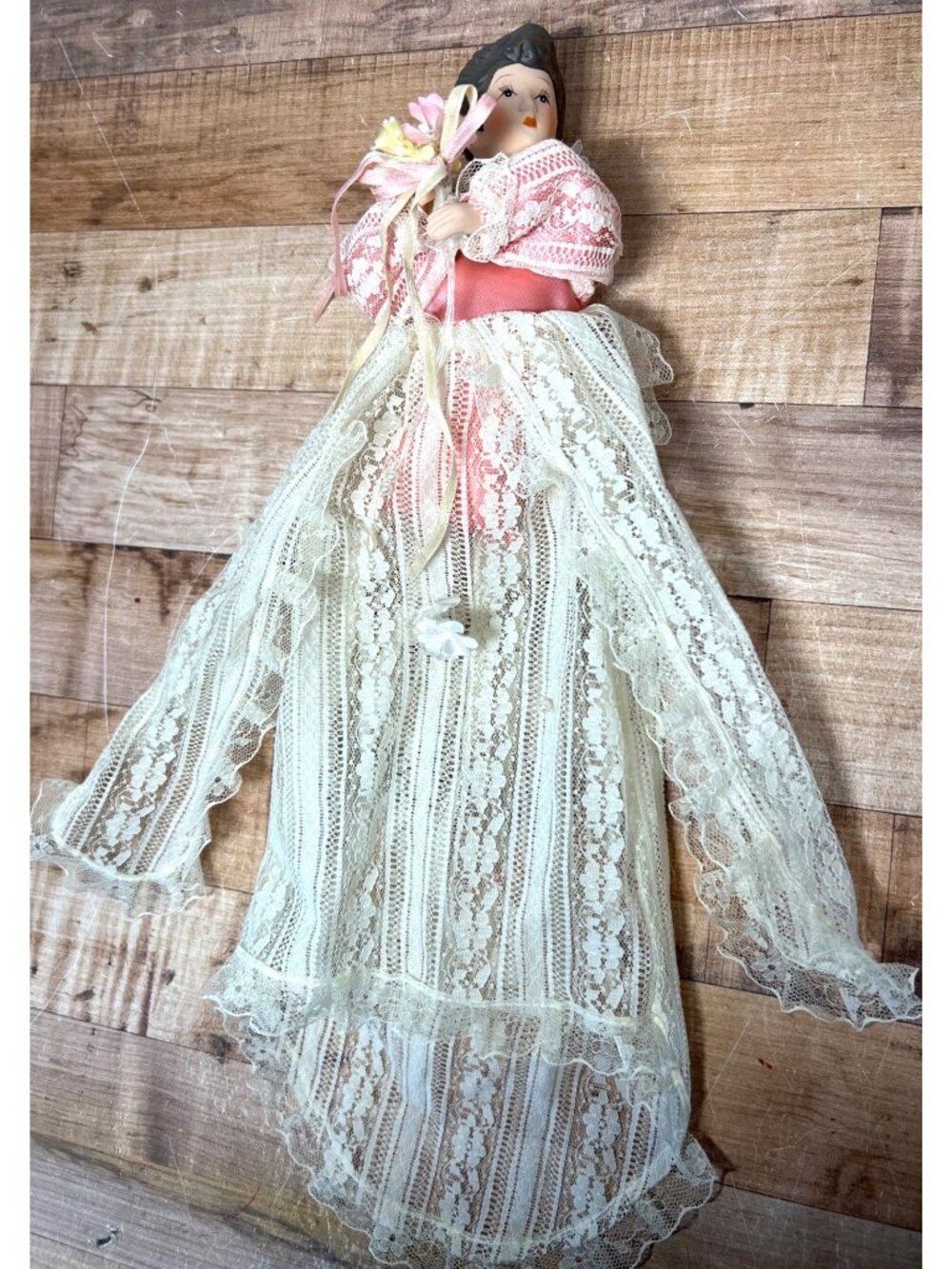 Vintage 5.5" Half Body Porcelain Doll Long Dress Brown Hair 15'' Long